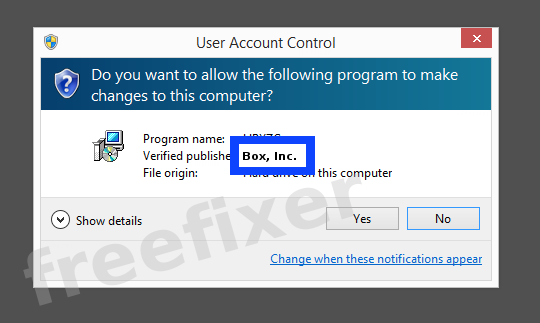 Screenshot where Box, Inc. appears as the verified publisher in the UAC dialog